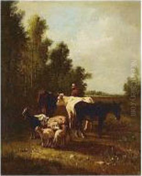 Cows, Donkey And Sheep Oil Painting by Andres Cortes Yaguilar