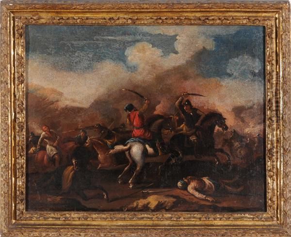 Battaglia Con Due Cavalieri In Primo Piano Oil Painting by Guglielmo Cortese Il Borgognone