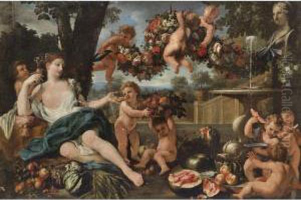 Ceres Attended By Putti, At A Fountain Oil Painting by Guglielmo Cortese Il Borgognone