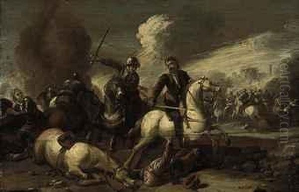 A Cavalry Skirmish Oil Painting by Guglielmo Cortese Il Borgognone