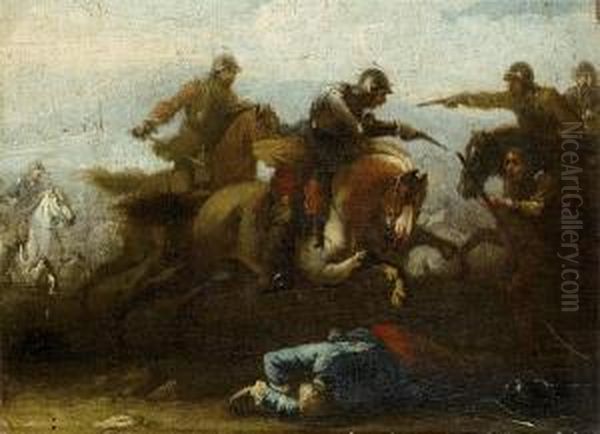 A Cavalry Skirmish Oil Painting by Guglielmo Cortese Il Borgognone