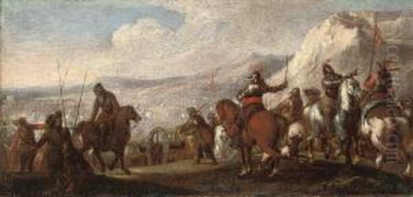 A Battlefield With Cavalrymen Giving Orders Oil Painting by Guglielmo Cortese Il Borgognone