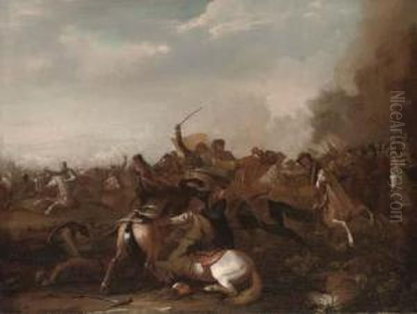 A Cavalry Skirmish Oil Painting by Guglielmo Cortese Il Borgognone