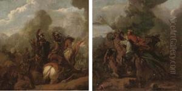 A Cavalry Skirmish; And A Cavalry Skirmish With A Fallenhorse Oil Painting by Guglielmo Cortese Il Borgognone