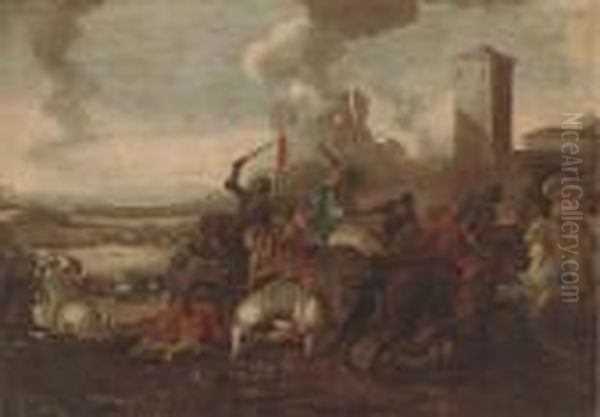 A Cavalry Skirmish Between Christians And Turks Oil Painting by Guglielmo Cortese Il Borgognone