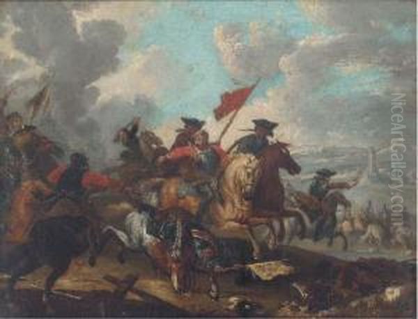 A Cavalry Engagement Oil Painting by Guglielmo Cortese Il Borgognone