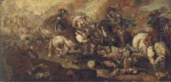 A Cavalry Battle Before A Castle Oil Painting by Guglielmo Cortese Il Borgognone