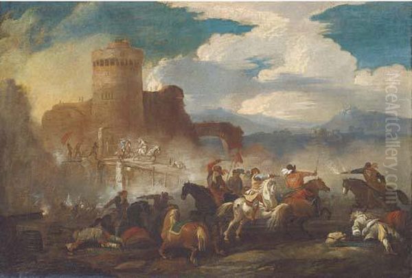 A Cavalry Battle Outside A Castle Oil Painting by Guglielmo Cortese Il Borgognone