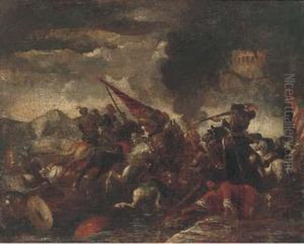 A Cavalry Battle Oil Painting by Guglielmo Cortese Il Borgognone