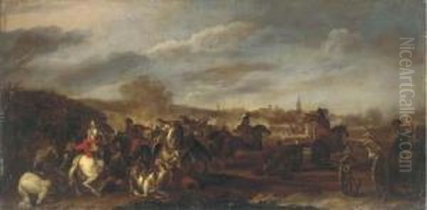 A Cavalry Battle Oil Painting by Guglielmo Cortese Il Borgognone