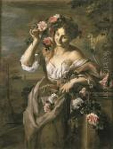 Figura Femminile Che Regge Fiori
 E Spighe, Presso Un Basamento Scolpito In Pietra Ed Un Vaso Da 
Giardino, Con Architetture Classiche Sullo Sfondo (estate ?) Oil Painting by Guglielmo Cortese Il Borgognone