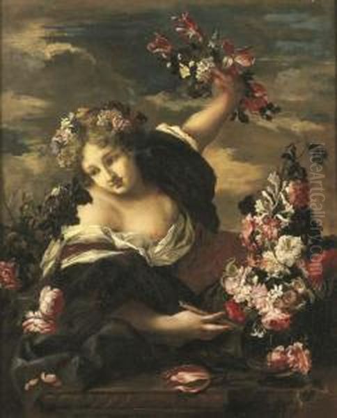 Figura Femminile Con Diadema Di 
Fiori, Flauto E Fiori Nella Mano Sinistra, Poggiata Su Un Piano Di 
Pietra Scolpito, Presso Un Vaso Di Fiori In Cristallo (primavera ?) Oil Painting by Guglielmo Cortese Il Borgognone