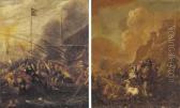 A Sea Battle Between Christians 
And Turks; And A Cavalry Engagement Between Christians And Turks Oil Painting by Guglielmo Cortese Il Borgognone