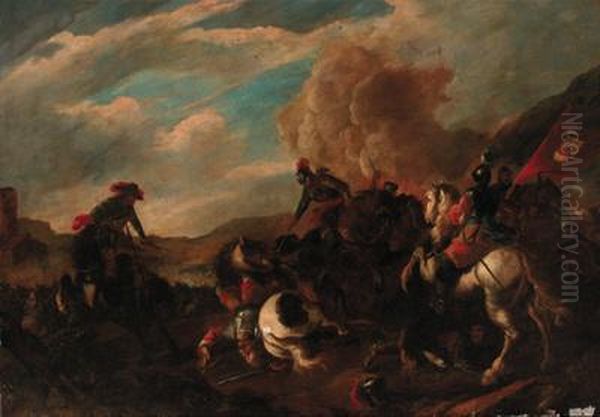 A Cavalry Battle Oil Painting by Guglielmo Cortese Il Borgognone