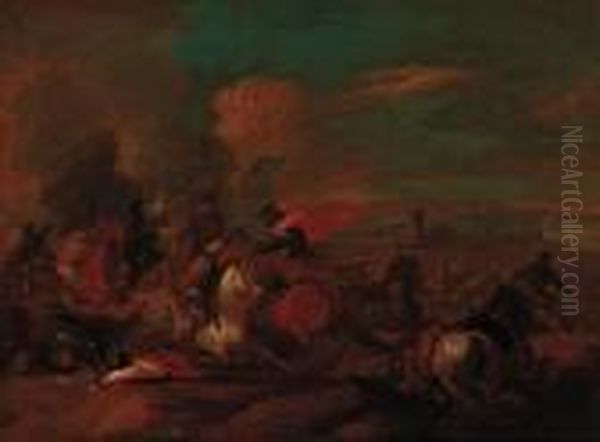 A Cavalry Engagement Oil Painting by Guglielmo Cortese Il Borgognone