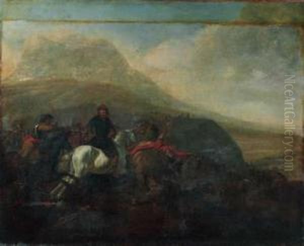 A Cavalry Skirmish Oil Painting by Guglielmo Cortese Il Borgognone