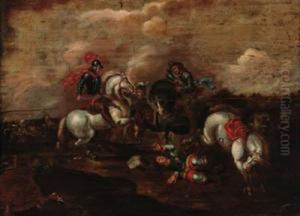 Cavalrymen Engaged In Battle Before A Fortress; And A Cavalryskirmish Oil Painting by Guglielmo Cortese Il Borgognone