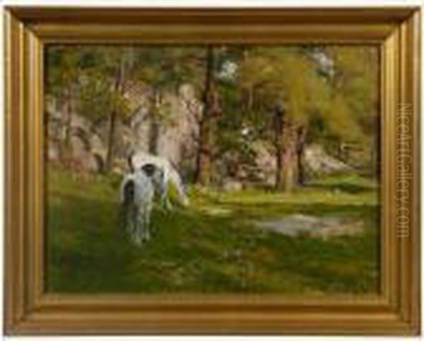 Two Horses In A Green Meadow. Oil Painting by Charles Abel Corwin