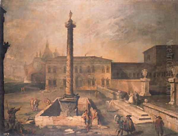 A capriccio of a piazza in front of a palace with the Column of Marcus Aurelius, pilgrims and townsfolk, a domed church beyond Oil Painting by (Giovanni Antonio Canal) Canaletto