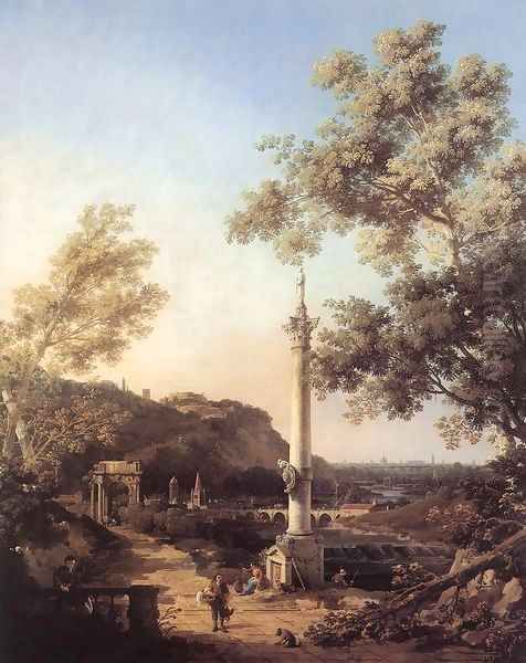 Capriccio River Landscape with a Column Oil Painting by (Giovanni Antonio Canal) Canaletto