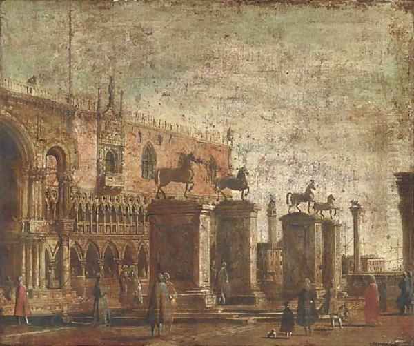 A capriccio of the Horses of San Marco set on pillars in the Piazzetta Oil Painting by (Giovanni Antonio Canal) Canaletto