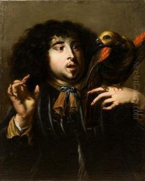 A Young Man With A Green Parrot On Hisshoulder Oil Painting by Jan Cossiers