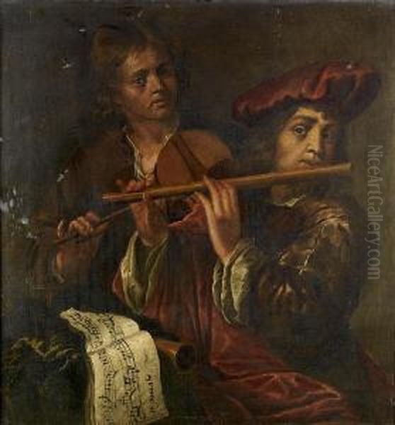 Young Musicians Playing A Violin And A Flute Oil Painting by Jan Cossiers