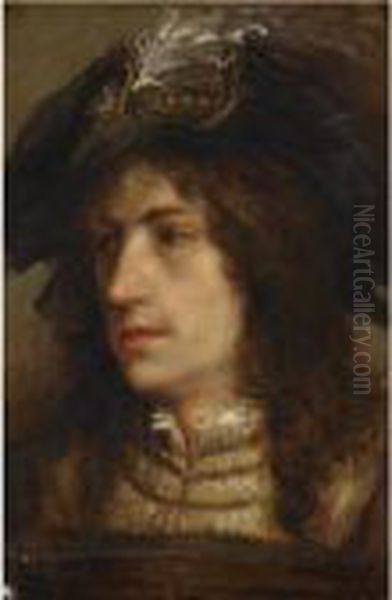 Portrait Of A Young Man With A 
Feathered Beret, Wearing A Brown Tunic And A White Chemise Oil Painting by Jan Cossiers