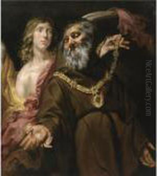 Saint Francis Of Paola Receiving The Arms From Saint Michael Ina Vision Oil Painting by Jan Cossiers