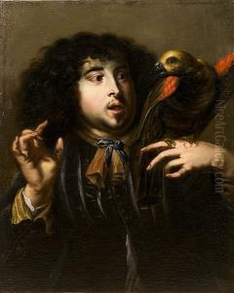 A Young Man With A Green Parrot On His Shoulder Oil Painting by Jan Cossiers