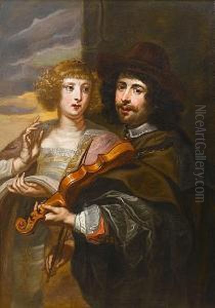 An Elegant Young Lady Singing With A Gentleman Accompanying Her On The Violin Oil Painting by Jan Cossiers