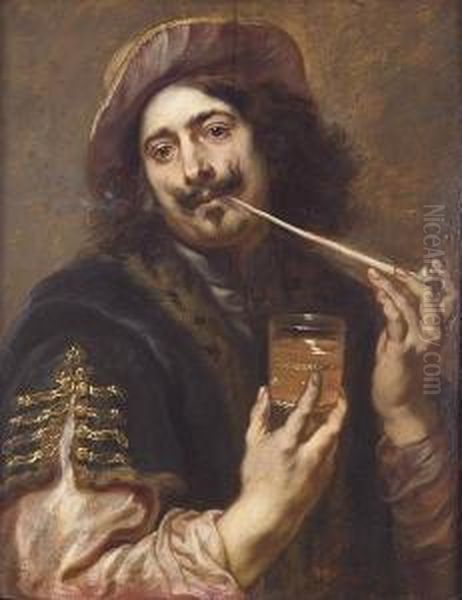 Portrait Of A Gentleman, Said To
 Be Adriaen Brouwer, Half-length, In A Dark-blue Fur-trimmed Coat And A
 Scarlet Hat, Smoking A Pipe And Holding A Glass Oil Painting by Jan Cossiers