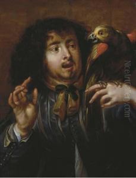 A Man Holding A Parrot On His Left Hand Oil Painting by Jan Cossiers