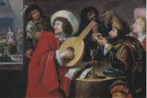 A Merry Company Making Music, Smoking And Drinking In An Inn, Akitchen Beyond Oil Painting by Jan Cossiers