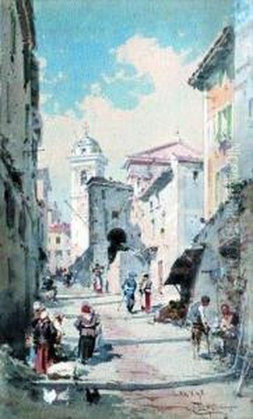 Villefranche. Rue Animee. Oil Painting by Emmanuel Costa