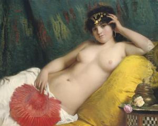 An Odalisque With A Red Fan Oil Painting by Giovanni Costa