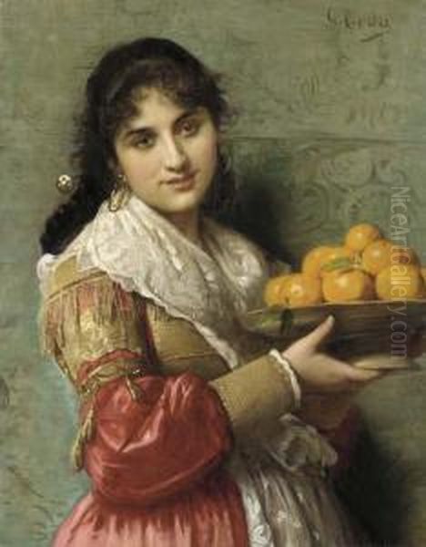 A Young Italian Beauty With A Plate Of Oranges Oil Painting by Giovanni Costa