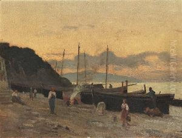 Figures With Boats Moored On A Beach, Possibly Capri Oil Painting by Giovanni Costa