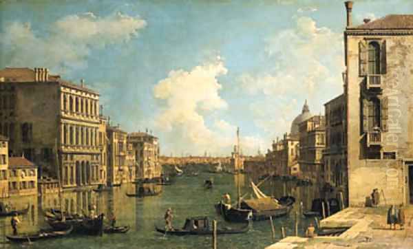 The Grand Canal, Venice, looking east from the Campo di San Vio, with the Palazzo Corner, barges and gondolas, the dome of Santa Maria della Salute Oil Painting by (Giovanni Antonio Canal) Canaletto