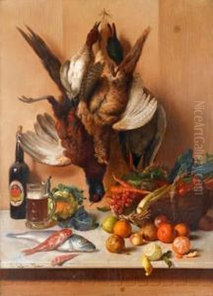 Tabletop Still Life With Game Birds, Ale, Fish, Vegetables Andfruit Oil Painting by Oreste Costa