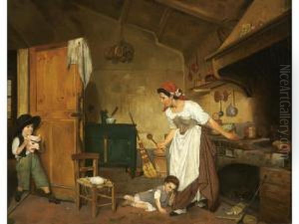 Mother Withchildren Playing In A Kitchen Oil Painting by Giuseppe Costantini