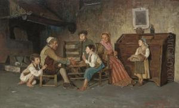 A Game Of Cards Oil Painting by Giuseppe Costantini