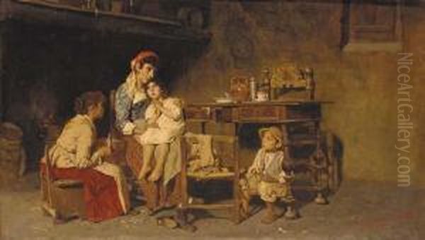 An Artisan's Family In An Interior Oil Painting by Giuseppe Costantini