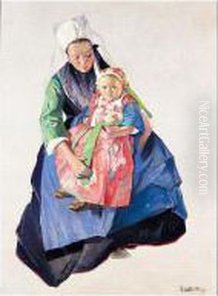 Mother And Child At Plougastel In Brittany Oil Painting by Virgilio Costantini