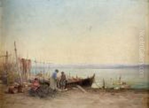 Sonnige Kustenpartie Mit Fischern. Oil Painting by Victor Coste