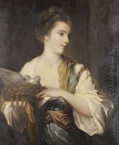 Portrait Of A Lady, Half-lengh, 
In A Pale Blue And White Dress With A Pink Sash At Her Waist, Holding A
 Basket Of Doves Oil Painting by Francis Coates Jones