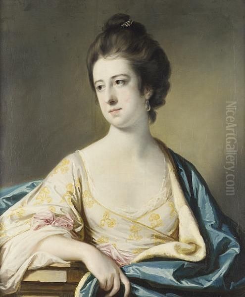 Portrait Of Lucy Ann Byron, 
Half-length, In A White Dress With Yellow Embroidery, And A Blue Wrap, 
Leaning On A Ledge Oil Painting by Francis Coates Jones