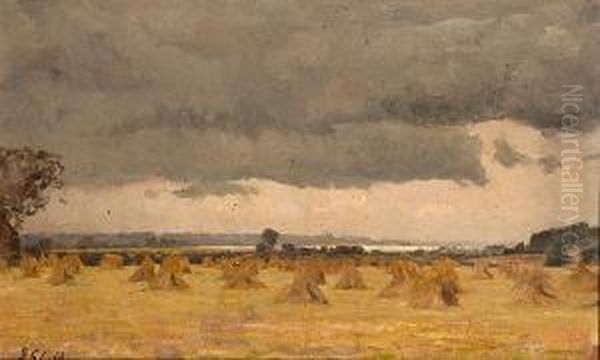 Foreboding Skies Above Corn Stooks Oil Painting by Frederick George Cotman