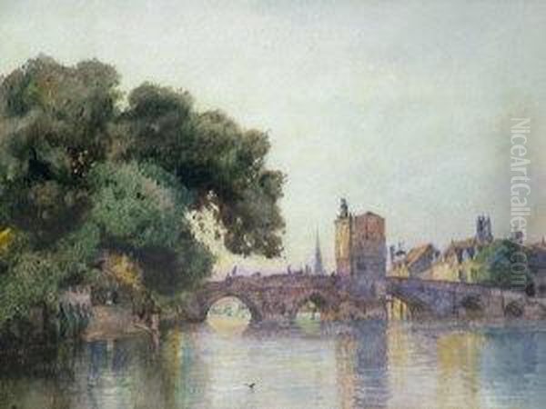 'the Bridge At St Ives Cambridgeshire'; Watercolour, Signed And Dated 1888, 25x37cm Oil Painting by Frederick George Cotman