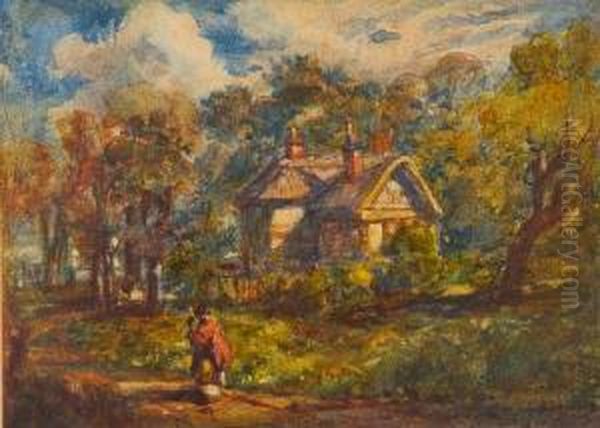 Figures On A Country Path Before Acottage Oil Painting by John Joseph Cotman